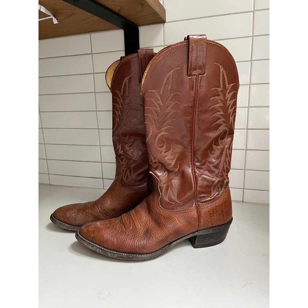 Nocona Boots Mens Brown Leather Western Cowboy Boots Pointed Toe Made USA 8.5 C